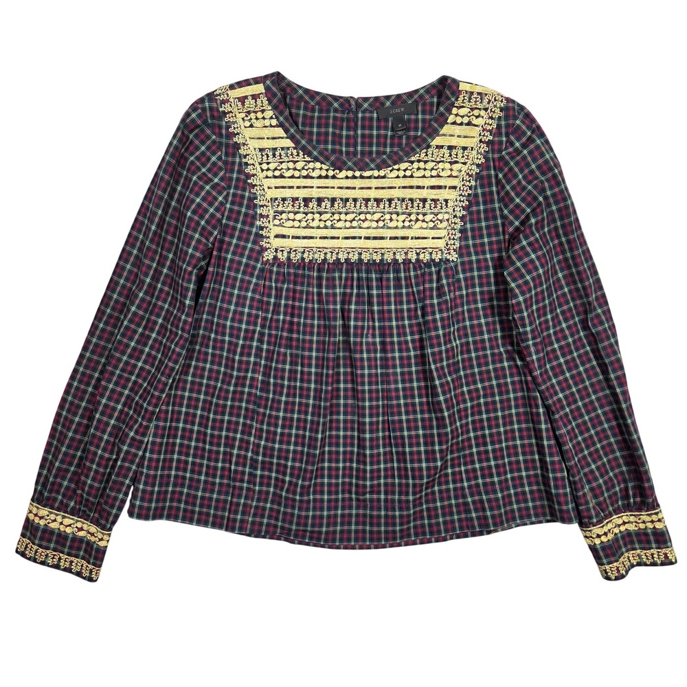 J. Crew Plaid Embroidered Tunic Top Womens Size M Long Sleeve Preppy Career